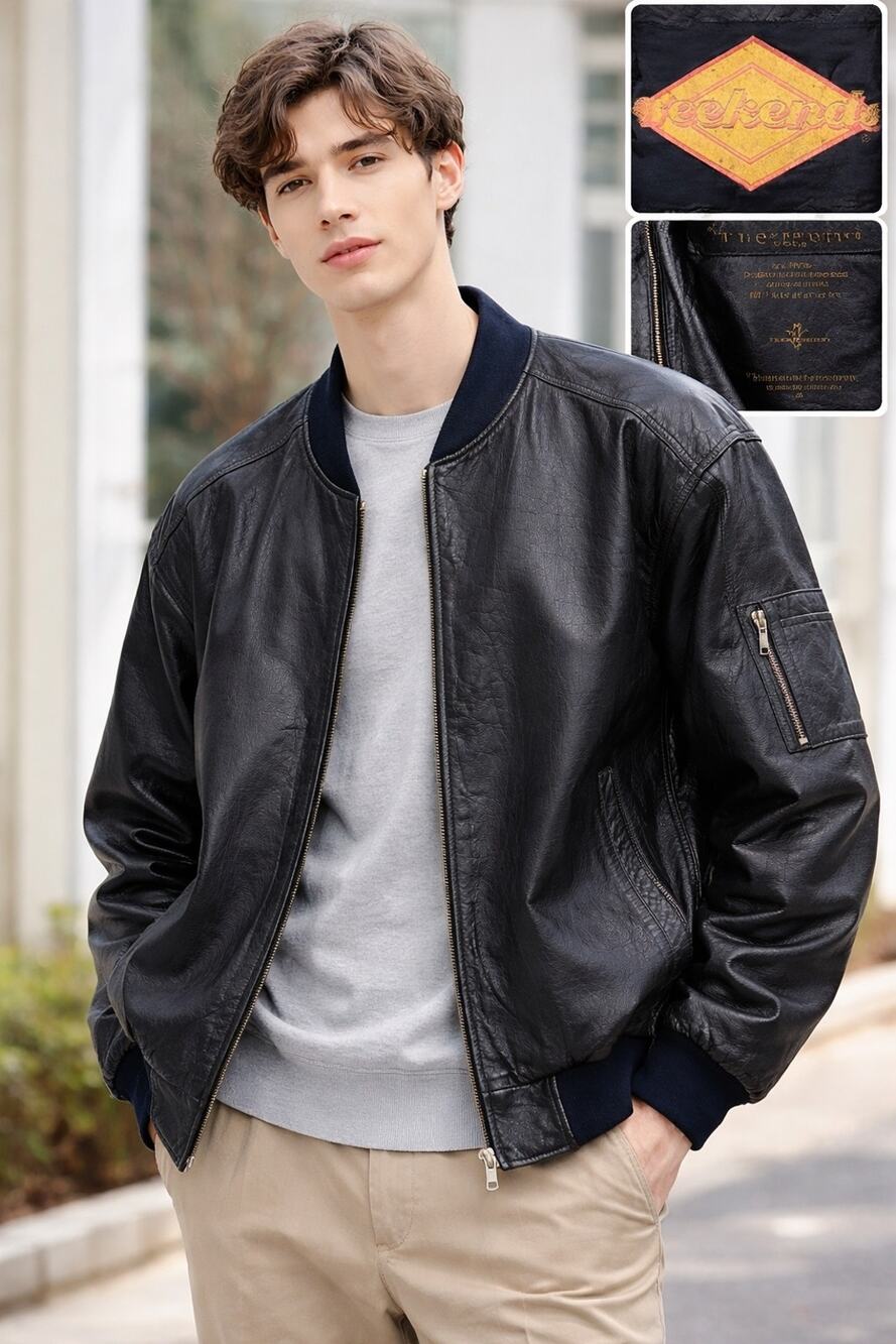 Vintage Black Leather Bomber Jacket Ribbed Trim Zip Up 90s Classic